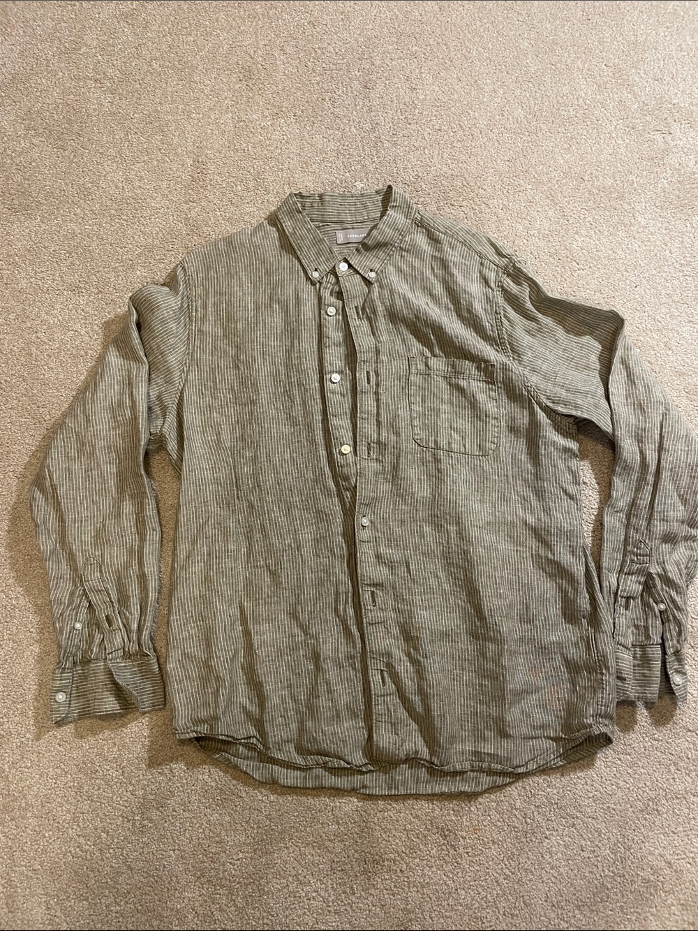 Everlane Olive Green Striped Linen Button-Down Shirt